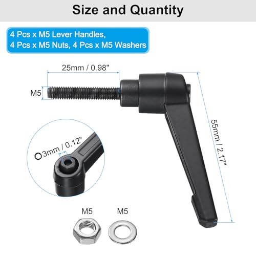 uxcell 4pcs Lever Adjustable Handles M5 x 25mm Metric Male Thread with Nuts Washers, Level Clamping Handle Set Hand Stud Knobs Rotating Screw Handles Bolts with Locking Lever, Black - size: M5 x 25mm