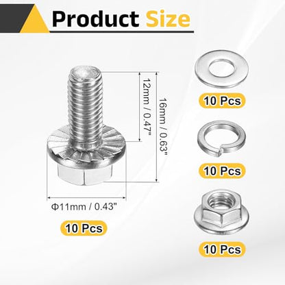 uxcell M5 x 12mm Phillips Flanged Hex Head Bolts, 10Pcs 304 Stainless Steel Flange Hexagon Screws with Nuts, Flat & Lock Washers, Fully Threaded, for Machinery Industry Home, Silver - color: Silver, size: M5 x 12mm