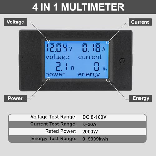DROK Digital Multimeter DC 8-100V 20A Voltage Amperage Power Energy Meter, DC Volt Amp Tester Gauge Monitor LCD Digital Display with Built-in Shunt - size: Built-in Shunt, style: 20A