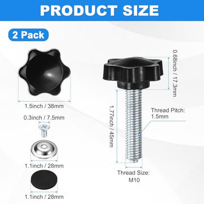 M METERXITY 2-Pack Star Handle Hand Screws, M10x45mm Carbon Steel Thread Star Clamping Knobs with Screws, Pressure Plate and Rubber Pad for Woodworking/Mechanical Equipment [Black] - size: M10 x 45mm