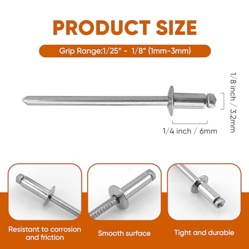 ALLCLEAN 300 Pcs 1/8"x1/4" Stainless Steel Blind Pro Rivets,3.2 x 6mm Pop Rivets,Stainless Steel Grip and Stainless Steel Mandrel - color: Stainless Steel, size: 1/8"x1/4"