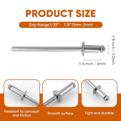 ALLCLEAN 300 Pcs 1/8"x1/4" Stainless Steel Blind Pro Rivets,3.2 x 6mm Pop Rivets,Stainless Steel Grip and Stainless Steel Mandrel - color: Stainless Steel, size: 1/8"x1/4"