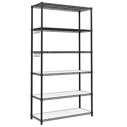 SONGMICS 6-Tier Storage Shelves, Adjustable Wire Shelving Unit, 8 Hooks - color: Ink Black, size: 6 Tiers (13.8"D x 35.4"W)