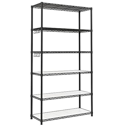 SONGMICS 6-Tier Storage Shelves, Adjustable Wire Shelving Unit, 8 Hooks - color: Ink Black, size: 6 Tiers (13.8"D x 35.4"W)