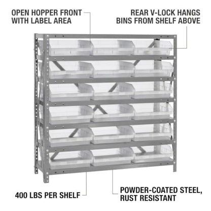 Quantum Storage Systems 1239-109CL Clear-View Sloped Shelving Unit with 4" Shelf Bins, 18 QSB109 Shelf Units, 12" D x 36" W x 39" H - size: 39" H x 36" W x 12" D, style: 12" L x 12" W x 4" H 18 Economy Clear Bins