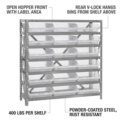 Quantum Storage Systems 1239-109CL Clear-View Sloped Shelving Unit with 4" Shelf Bins, 18 QSB109 Shelf Units, 12" D x 36" W x 39" H - size: 39" H x 36" W x 12" D, style: 12" L x 12" W x 4" H 18 Economy Clear Bins