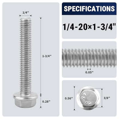 1/4-20 x 1-3/4" Flange Hex Bolts, 304 Stainless Steel 18-8, A2-70 Grade, Non-Serrated Flange Bolts for Automotive Repair, Fully Threaded, 20 Pcs - size: 1/4-20 x 1-3/4