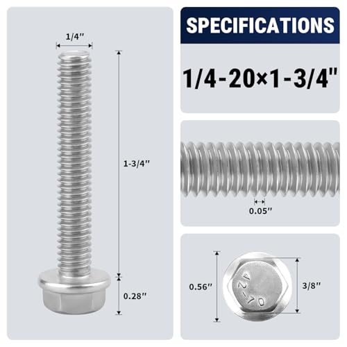 1/4-20 x 1-3/4" Flange Hex Bolts, 304 Stainless Steel 18-8, A2-70 Grade, Non-Serrated Flange Bolts for Automotive Repair, Fully Threaded, 20 Pcs - size: 1/4-20 x 1-3/4