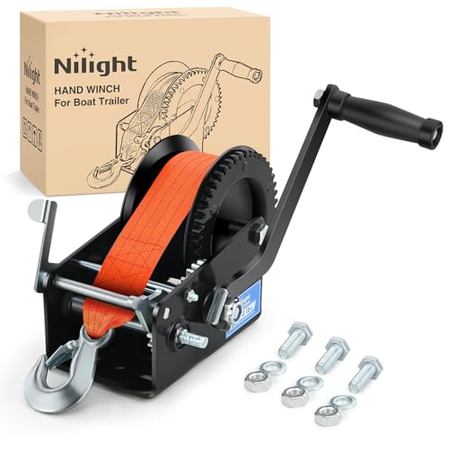 Nilight Boat Trailer Winch 3500 LBS Hand Crank Winch Heavy Duty Boat Winches with 33 FT Orange Strap Rope Hook Two Way Ratchet 4:1 8:1 Gear Portable Marine Manual Winch for Trailers Boat RV ATV Towing - color: Orange, size: 3500 lbs