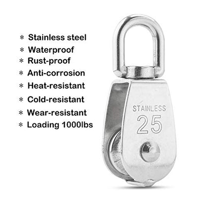 M25 Single Pulley Block Loading 550lbs, CBTONE 10 Pack 304 Stainless Steel Wire Rope Single Roller 25mm Lifting Crane Swivel Hook