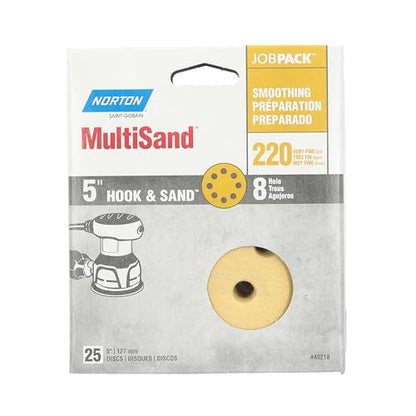 Norton MultiSand Hook and Loop Sanding Discs, Orbital Sander Sandpaper for Wood, Metal and Fiberglass, 220 Grit Sand Paper, 5 Inch Sanding Discs Hook and Loop, Pack of 25