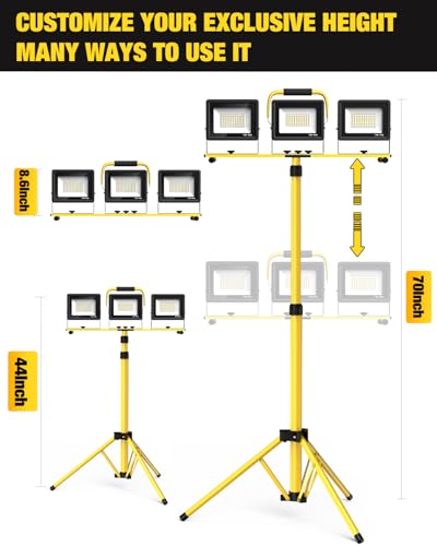 Upgraded LED Work Lights with Stand, 21000 Lumen, 3-Head Adjustable Work Light, Waterproof Foldable Tripod, Extended Cord for Outdoor & Indoor Job Sites, Workshops, Construction, Garage Lighting - style: 3 head yellow
