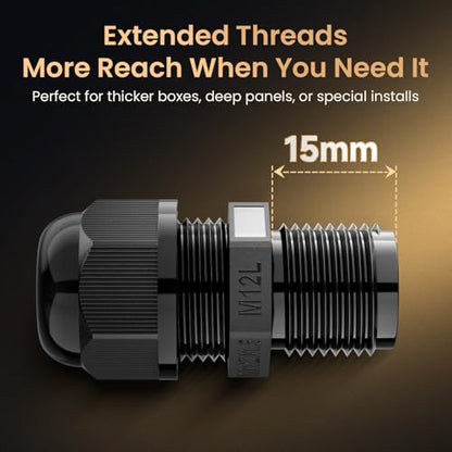 QILIPSU 10pcs M12L Long Thread Cable Gland Waterproof IP68 Nylon Strain Relief Cord Grip Cable Pass Through Wire Connector - size: M12L