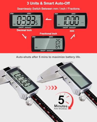 8" Digital Caliper, 0.001" Precision Rechargeable Vernier Caliper - USB-C, IP54 Protection，Full Stainless Steel, Inch/MM/Fraction, Large LCD Measuring Tool for Machining, DIY & 3D Printing - size: 8"-USB‑C