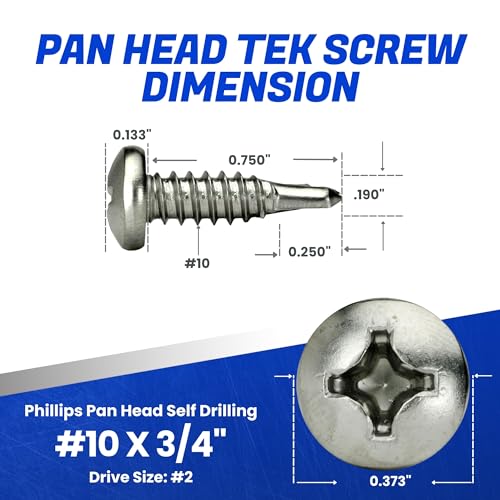 Fastenere Pan Head Self Drilling Tek Screws -#10 x 3/4" (50 Pack) Stainless Steel 410, Full Thread, Bright Plain Finish, Corrosion-Resistant, Self-Drilling, Easy to Install w/Phillips Drive Size #2 - size: #10 x 3/4" (50 Pack)