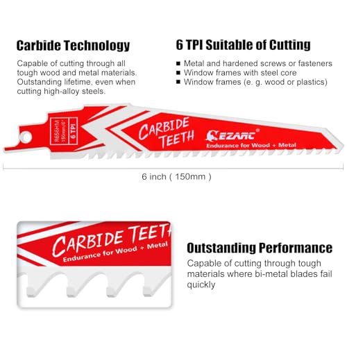 EZARC Carbide Reciprocating Saw Blades, 6-Inch 6TPI, Wood, Metal, 3-Pack - size: 6 Inch, style: 6 TPI