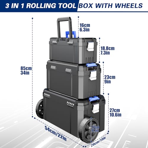 AIRAJ 3 In 1 Rolling Tool Box with Wheels, Stackable Tool Box,17 +19 +21 In