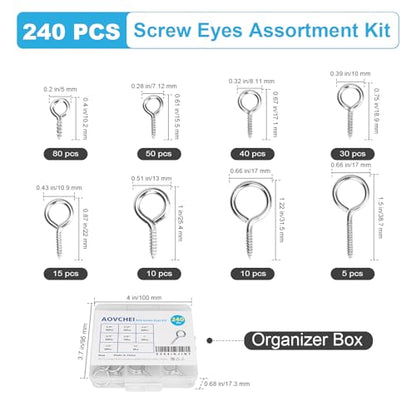 Aovchei 240pcs 304 Stainless Steel 8 Sizes Screw Eyes Set - color: 304, size: 8 Size 240pcs