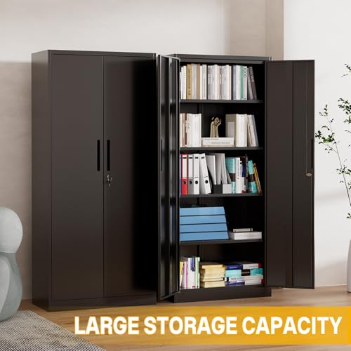 Metal Storage Cabinet with 2 Doors and 4 Adjustable Shelves, 71" Garage Storage Cabinet with Anti-Tipping Design, Lockable Garage Cabinets for Office, Home, Garage, Gym, School - size: 70.87"H x 15.75"D x 31.5"W