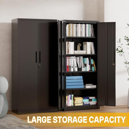 Metal Storage Cabinet with 2 Doors and 4 Adjustable Shelves, 71" Garage Storage Cabinet with Anti-Tipping Design, Lockable Garage Cabinets for Office, Home, Garage, Gym, School - size: 70.87"H x 15.75"D x 31.5"W