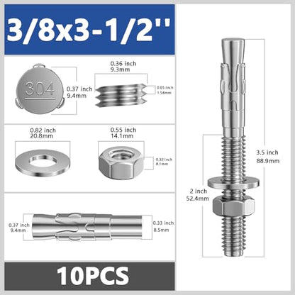 Wensilon 10Pcs 3/8x3-1/2 Inch Standard Fasteners for Heavy-Duty 304 Stainless Steel Wedge Anchors for Cement and Concrete - size: 3/8x3-1/2"