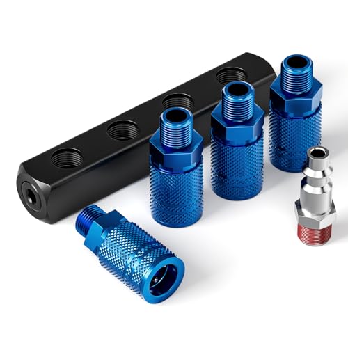 TAISHER 4-Way Straight Air Manifold 5 Ports Aluminum Industrial Pneumatic Air Compressor Quick Connect Socket In Line Type Air Hose Splitter with 4 Couplers and 1/4" Male NPT Plug - size: 1/4" MNPT 1Pcs