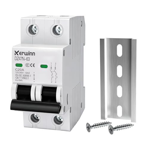 AC Miniature Circuit Breaker 2 Pole 20A (MCB),120V/240V 50/60Hz DIN Rail Mount Breaker, Compatible with Grid-Tied Solar Systems, RV & Home Circuits(C20A)