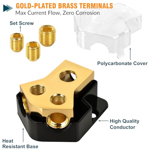 12V Power Distribution Block 2 Way, 0/2/4 Gauge Input to 4/8/10 Gauge Output, Car Audio Amp Splitter with Protective Cover - Ground Distribution Block for Automotive, Marine, Boat, Truck - style: 1 Pack