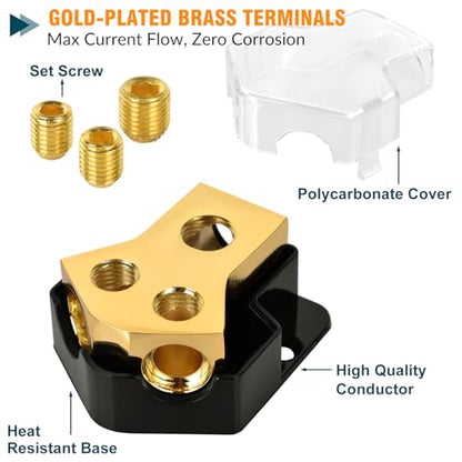 12V Power Distribution Block 2 Way, 0/2/4 Gauge Input to 4/8/10 Gauge Output, Car Audio Amp Splitter with Protective Cover - Ground Distribution Block for Automotive, Marine, Boat, Truck - style: 1 Pack