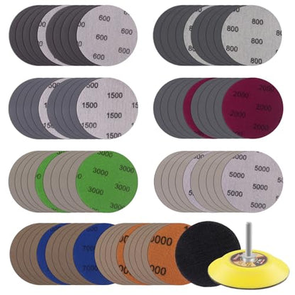 MAXMAN 3 Inch Sandpaper (75mm) Silicon Carbide Wet/Dry Hook & Loop Sanding Discs Assorted 600/800/1500/2000/3000/5000/7000/10000 Grit with 1/4 Shank Sanding Pad &Sponge Polishing Pad(82pcs) - style: 600-10000 Grit