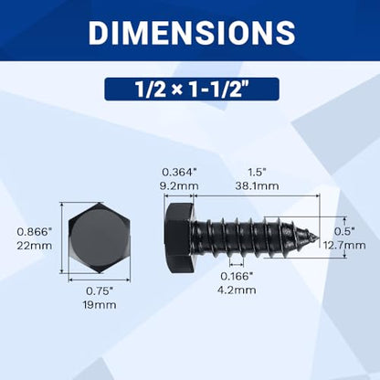 1/2 x 1-1/2" Black Hex Head Lag Screws Bolts (8 pcs), 304 Stainless Steel 18/8, Black Oxide Coated, Full Thread, Deck Screws, Heavy Duty Hex Head Wood Lag Screws, Fayeploo - size: 1/2 x 1-1/2"