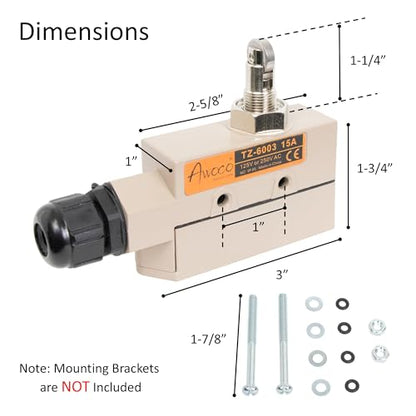 Awoco Heavy Duty Commercial Door Micro Switch with Cross Roller Plunger for Air Curtains, 250V 15A IP 65 Limit Switch Type NO and Type NC (TZ-6003-15A) - style: TZ-6003-15A
