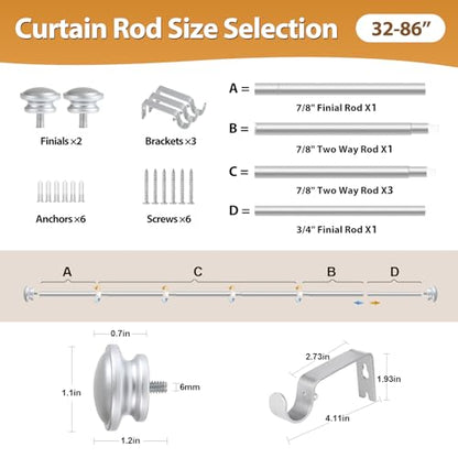 TONIAL Curtain Rods for Windows, 32 to 86 Inch, Silver, Single Drapery Rod - color: Silver, size: 32-86"