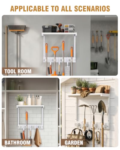 Supforce Small Broom Holder Wall Mount with Shelf, 4 Slots 3 Hooks - color: White, size: Small