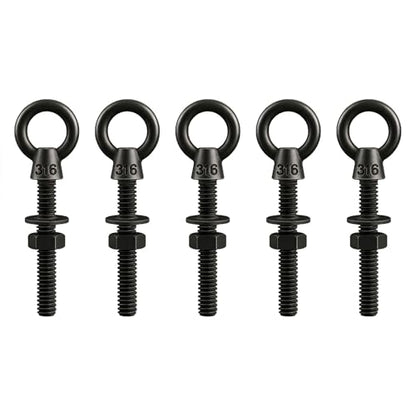 5 Pack Black Eye Bolts 1/4" x 2 Inch with Nuts & Washers, Heavy Duty T316 Stainless Steel Shoulder Eye Bolt, Right Hand Threaded Lifting Eyebolt for Outdoor, Marine Rigging & Wood - size: 1/4'' x 2inch