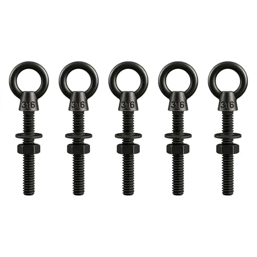 5 Pack Black Eye Bolts 1/4" x 2 Inch with Nuts & Washers, Heavy Duty T316 Stainless Steel Shoulder Eye Bolt, Right Hand Threaded Lifting Eyebolt for Outdoor, Marine Rigging & Wood - size: 1/4'' x 2inch