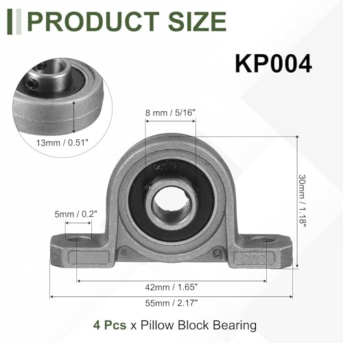 uxcell KP08 Pillow Block Bearing 5/16" (8mm) Zinc Alloy Steel 4Pcs - size: KP08 (5/16" Bore)