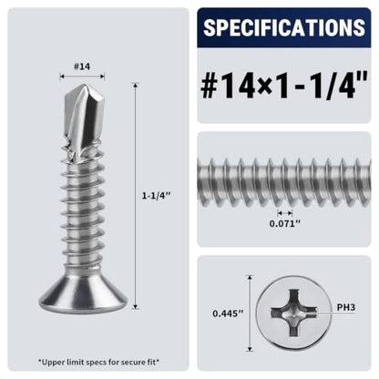 #14 x 1-1/4" Phillips Flat Head Sheet Metal Screws, Stainless Steel 410 Self Drilling Screws for Metal, Countersunk Head, Phillips Drive, Self Tapping, 50 Pack - size: #14 x 1-1/4"