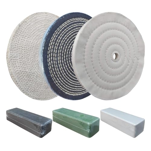 6PC 8 Inch Stainless Steel Polishing Buffing Wheel Kit for Bench Grinder,kit with Each 1PC 5/8 Inch Arbor Hole Sisal/Denim/Cotton Wheel and Each 1PC 100g Bar Black/Green/White Polishing Compound - color: 6PC