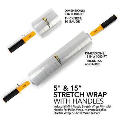 Modern Innovations Clear Stretch Wrap Roll Bundle - (2) 15" Rolls, (2) 5" Rolls, (2) Handles,(4000 Feet) Shrink Wrap for Moving, Packing Supplies for Wrapping Furniture, Plastic Pallet Cling - size: 4 Count