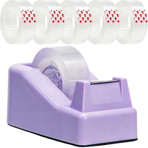Tape Dispenser Desk,Desktop Tape Dispenser, Tape Dispenser with Weighted Non-Skid Base, Includes 6 Rolls Transparent Tape (0.71" x 1000"),Heavy Duty Tape Holder for Office, Home, School(Purple) - color: Purple