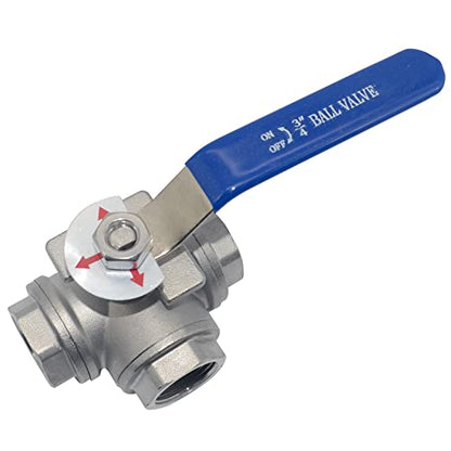 3/4" NPT Female T-Type Ball Valve with Heavy Duty Blue Vinyl Insulation Handle, 3-Way, 316 Stainless Steel,WOG1000 (3/4") - size: 0.75 Inch