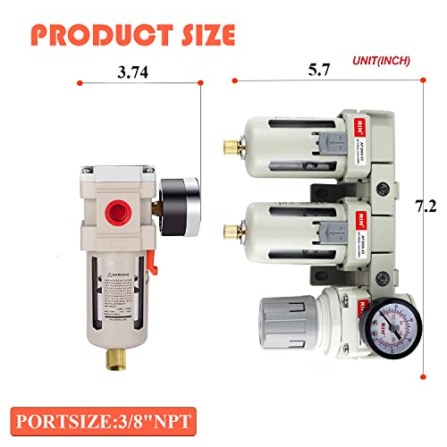 RIH Pneumatics DFR-03 3/8'' NPT Compressed Air Double Filter & Regulator, Air Drying System, Air Compressor Water Separator, Semi -Auto Drain, Poly Bowl,0-150 psi Gauge, 5 Micron Brass Element - size: 3/8 NPT