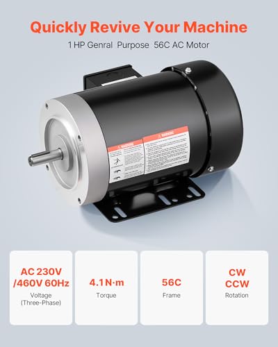 VEVOR 1 HP Electric Motor, 1725RPM Air Compressor Motor, CW/CCW Rotation, 5/8 inch Shaft Diameter, 1.88inch Shaft Length, 4.1N.m Torque, Three-Phase, TEFC Cooling, 230V/460V, 56C Frame - size: 1 HP Three Phase-1.88 in Shaft Length