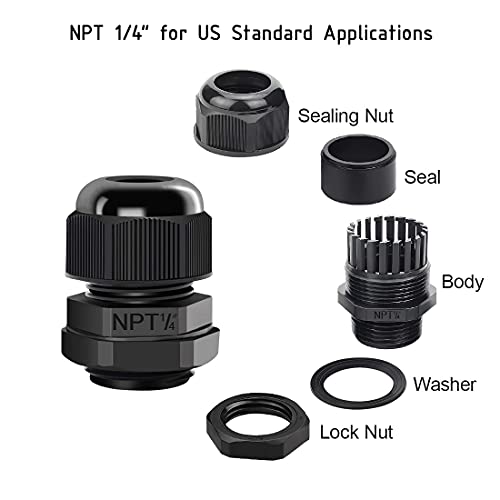 LeMotech 100 Pack NPT 1/4" Cable Glands Waterproof Adjustable 4-8mm Cable Connectors Black Nylon Joints with Gaskets - color: Black, size: 1/4inch 100-pack
