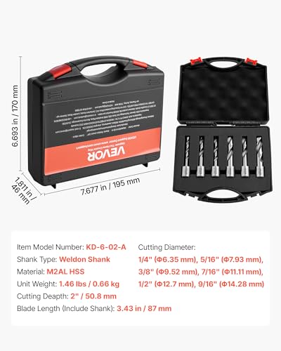 VEVOR Annular Cutter Set, 6 pcs Weldon Shank Mag Drill Bits Kit, 2" Cutting Depth,1/4" to 9/16" Cutting Diameter, HSS, 6 Drill Bits with Plastic Case, for Magnetic Drills, Steel, Aluminum, Copper - size: 1/4" - 9/16" * 2"
