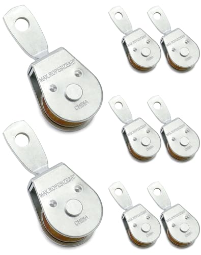 QWORK Single Pulley Block Wheel, 8 Pack Heavy Duty Zinc Plated Iron Single Wheel, 360 Degree Swivel Lifting Rope Pulley Block, Load Capacity 420 Lbs