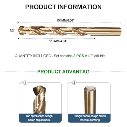METALLIXITY Drill Bit (1/2") M35 5% Cobalt High-Speed Steel 135° 2Pcs - size: 1/2 in