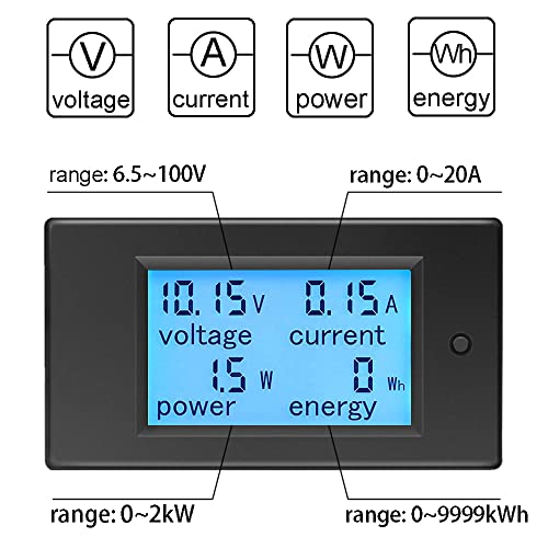 KETOTEK Amp Volt Watt Kwh Meter Tester Panel Digital 4 in 1 Ammeter Voltmeter Multimeter 12V DC 6.5-100V 20A, Voltage Current Power Energy Usage Monitor LCD Display Car Motorbike Solar - style: DC 20A Meter
