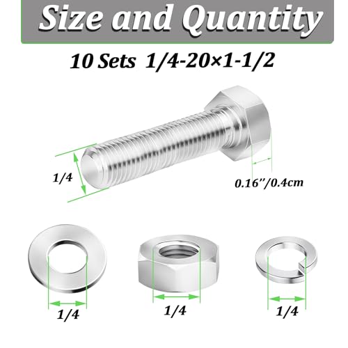 10 Sets 1/4-20 x 1-1/2" Stainless Steel Hex Head Screws Bolts, Flat, Nuts & Lock Washers,Hex Bolts 18-8(304) Full Thread - color: Silver-hex, size: 1/4-20x1-1/2"(10 sets)